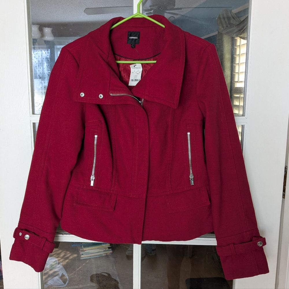 NWT Express Moto Jacket Pea Coat with Funnel Neck in Red size large - Picture 8 of 8